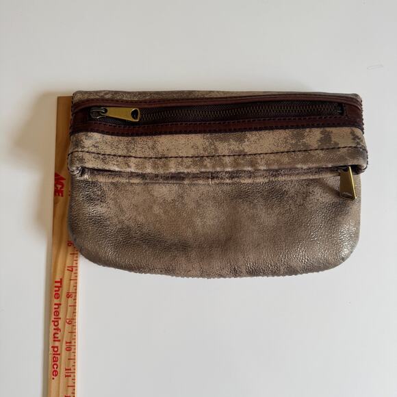 Fossil Explorer Metallic Gold Distressed Handbag Clutch Bag Leather Zipper Purse - Picture 8 of 16